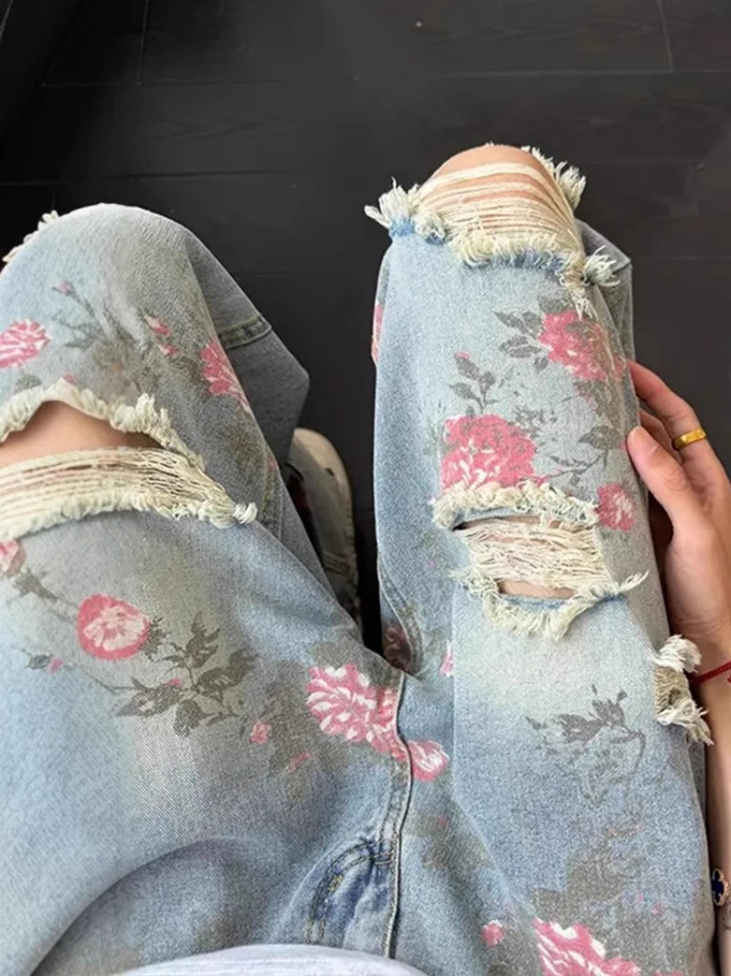 Vintage Cute High Waisted Straight Leg Jeans Casual Y2K Flower Printed Fringe Ripped Streetwear Denim Pants