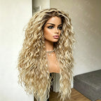Glueless Soft Women's Ombre Blond Kinky Curly Wig 26 Inch Long 180 Density Pre-plucked Synthetic Lace Front with Baby Hair for D