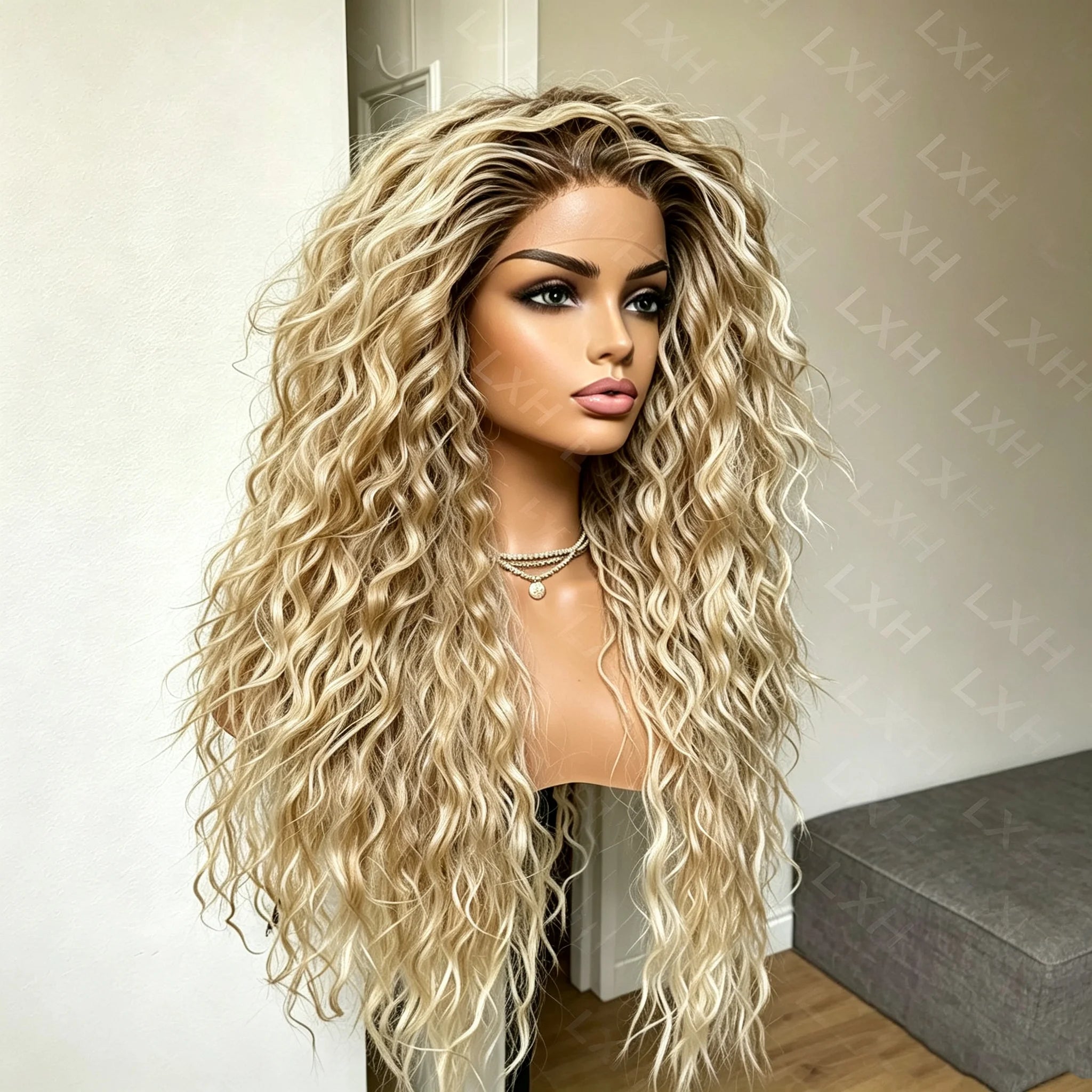 Glueless Soft Women's Ombre Blond Kinky Curly Wig 26 Inch Long 180 Density Pre-plucked Synthetic Lace Front with Baby Hair for D