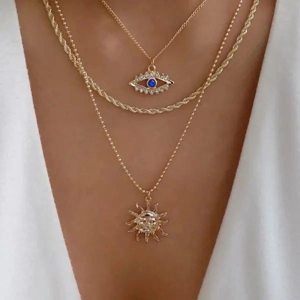 Boho Lucky Multi-layers Crystal Evil Eye Pendant Necklace For Women Geometric Round Charm Clavicle Chain Beach Jewelry