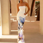 Sexy Tube Top Floral Printed One-piece Robes Summer Casual Off Shoulder Sleeveless Party Dress Elegant Lady Slim Fishtail Dress