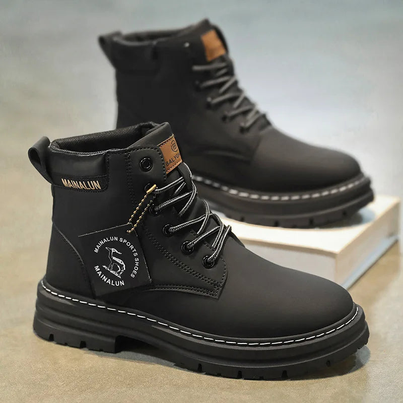 Classic Men High Top Boots High Quality Yellow Leather Boots Fashion Outdoor Sneakers Men Lace Up Non-Slip Ankle Boots for Men Secondary image