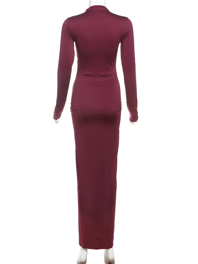 kliou Shirring Women Classic Maxi Dress Autumn New Solid Long Sleeve High Collar Body-shaping Vestidos Mujer Concise Trend Robe