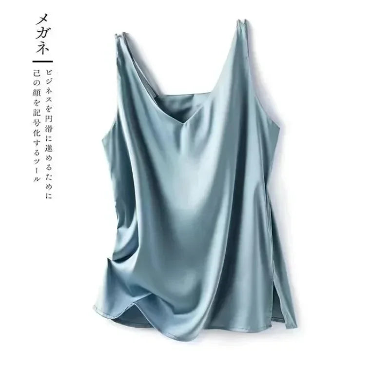 Woman T-shirts Elegant SILK Satin Blouse Sleeveless Female Summer 2026 Casual Loose Tanks and Camis Solid Green Tops for Women