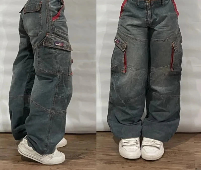 Street Vintage Jeans New Y2K Harajuku Wash Blue Multiple pockets Baggy Jeans Denim Pants Mens Womens High Waist Wide Trousers Main image