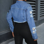 Denim Jacket Women Short Coat Hole Distressed Vintage Washed Single Breasted Turn Down Collar Autumn Female Outerwear Streetwear