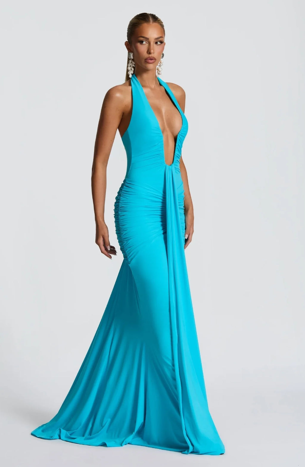 Deep V Neck Draped Ruched Sexy Maxi Dress Women Summer Fashion Halter Sleeveless Backless Club Party Long Dress Elegant BM98