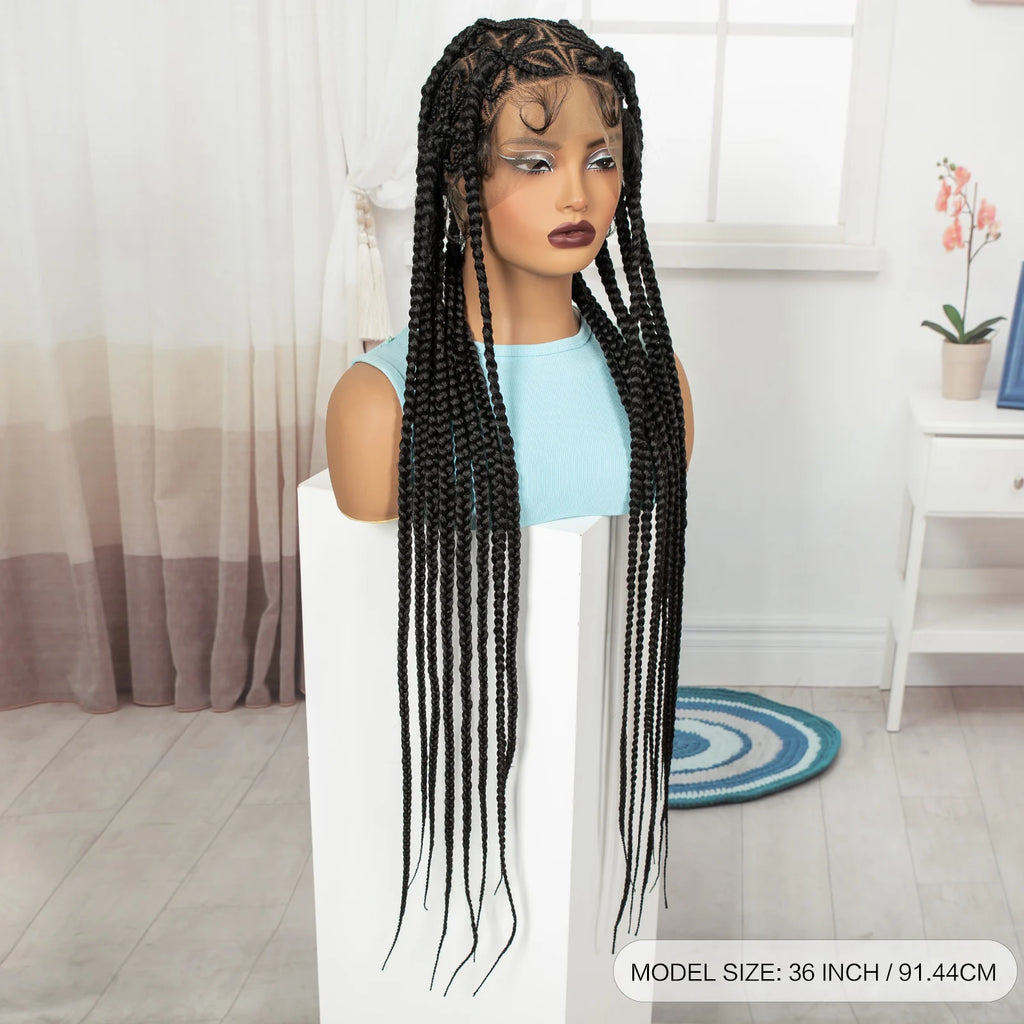 36in Full Lace Cornrow Braided Wigs Synthetic Natural Braiding Hair Wigs Box Braided Lace Wigs with Baby Hair for Black Women