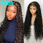 32inch Synthetic Boho Knotless Braided Wigs for Black Women Bohemian Box Braids Wigs Lace Front Braided Lace Wigs with Baby Hair