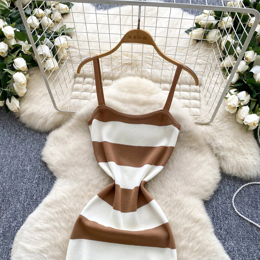 Lady New Stripes Ins Fashion Sexy Package Hips Bodycon Dress  Summer Knitted Spaghetti Straps Outfits Maxi Long Women Dress