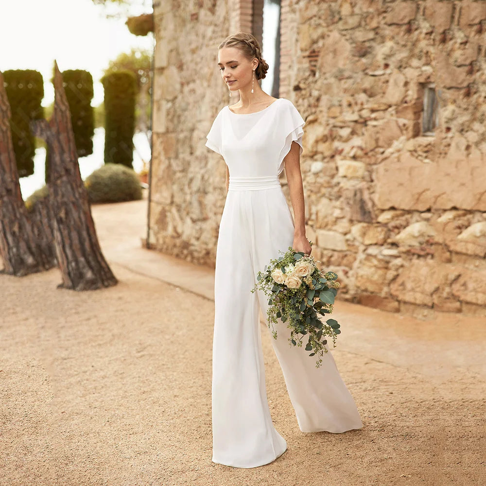 Modern Simple Wedding Dresses with Pants Boho Bridal Gowns Beach Bride Dress Round Neck Short Sleeve Wedding Gowns 2025 Back Out