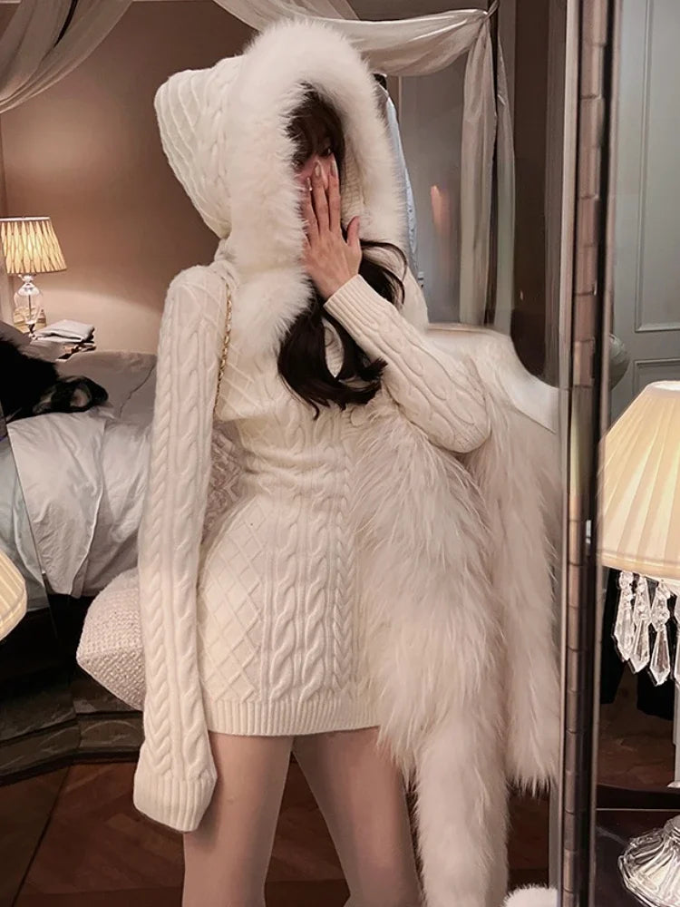 2023 Winter Knitted Sweater Dress with Hooded Women Slim Bodycon Y2k Mini Dress Faux Fur Female One Piece Dress Korean Elegant Secondary image