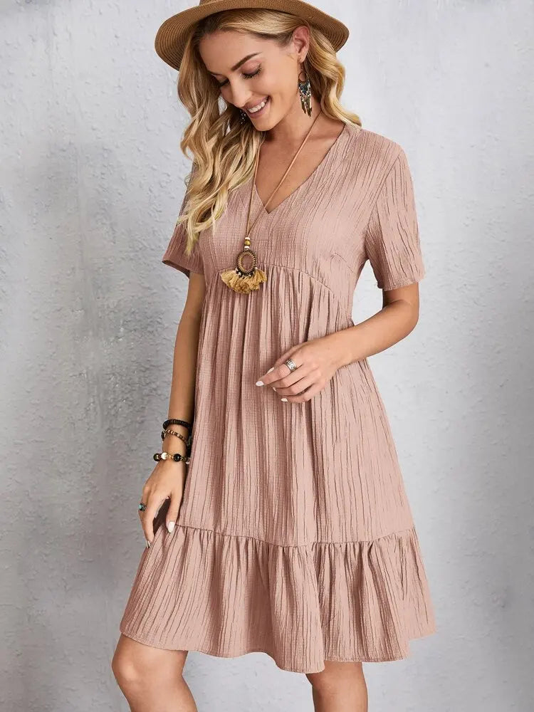 Elegant Solid V Neck A Line Dress 2024 New Summer Ruffles Loose Mini Dress Casual Short Sleeve Beach Party Vestidos Streetwear
