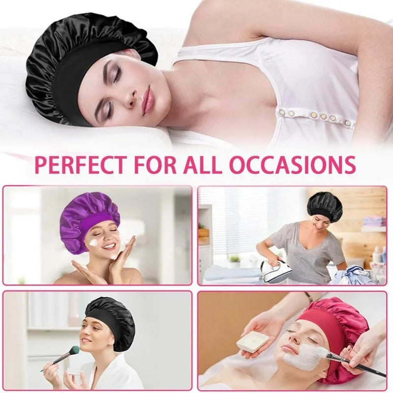 Women Satin Bonnet Hair Bonnet for Sleeping Hair Care Silk Bonnets Solid Wide-brimmed Sleeping Hat with Elastic Soft Band