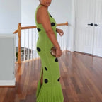 Women Sexy See Through Knitted Maxi Dress Hollow Out Deep Neck Pot Robes Tassel Hem Fork Party Vestidos 2025 New Lady Club Gown