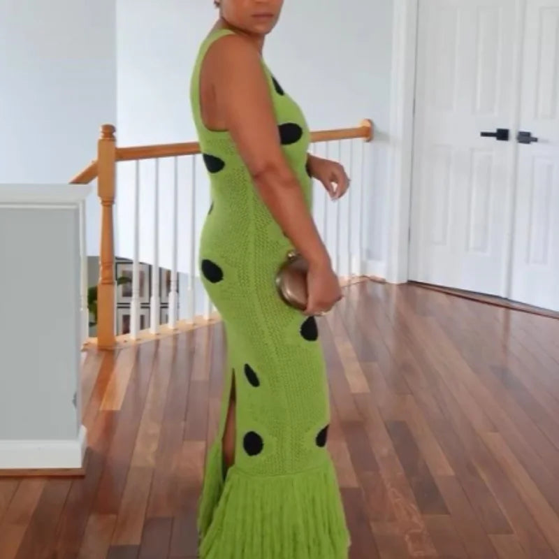 Women Sexy See Through Knitted Maxi Dress Hollow Out Deep Neck Pot Robes Tassel Hem Fork Party Vestidos 2025 New Lady Club Gown
