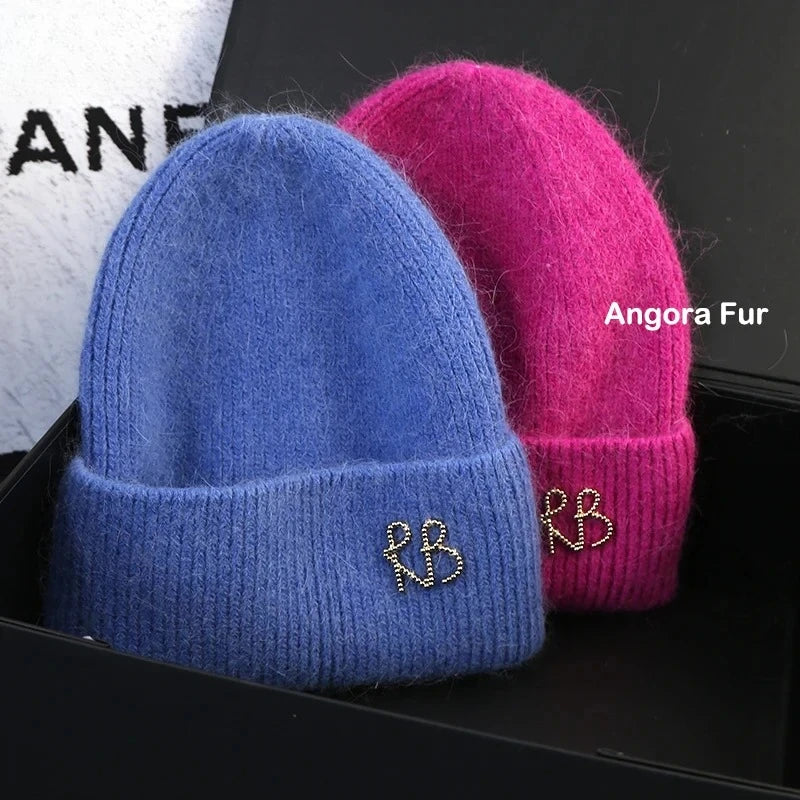 Letter Fluffy Angora Fur Beanies Winter Hat for Woman Luxury Fluffy Knited Hat Bonnet Lady Autumn Winter Warm Skullies Cap Secondary image