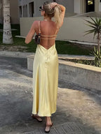 HH Women Summer Yellow Stain V Neck Sling Dress Elegant Sleeveless Loose Maxi Robes 2026 New Ladies Party Holiday Dresses