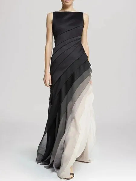 Party Dress Lady Chic Sleeveless Pleated Long Dress Elegant High Waist Evening Maxi Dress Women Fashion Gradient Patchwork Black