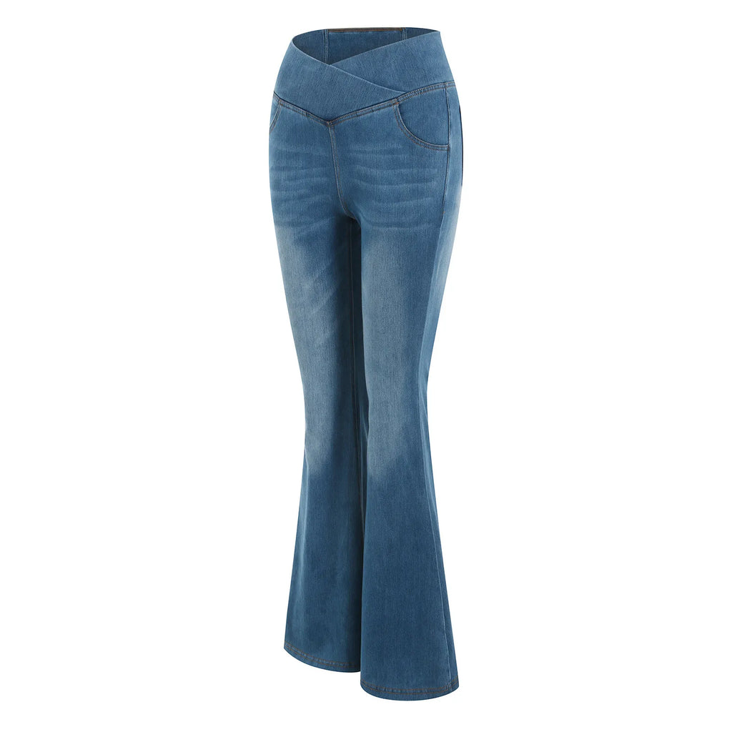 Stretch Denim Flared Pants Womens' Shiny High-Waist Denim Pants Lightweight Flare Jeans Slimming Fit Ladies' Trousers Ropa Mujer