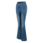 Stretch Denim Flared Pants Womens' Shiny High-Waist Denim Pants Lightweight Flare Jeans Slimming Fit Ladies' Trousers Ropa Mujer