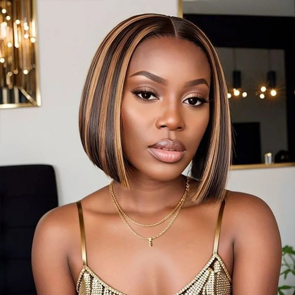 Straight Short Bob Wig P4/27 Highlight 13x4 Transparent Lace Frontal Wig 100% Brazilian Human Hair Wig 180 Density For Women Main image