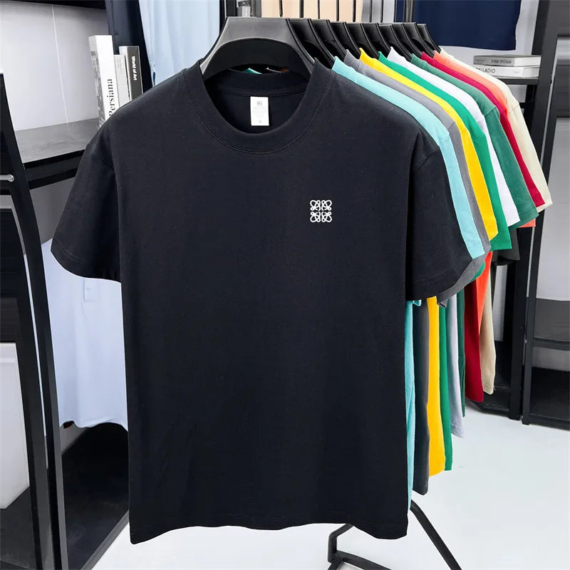 Summer Luxury 100%cotton Man Short-Sleeved T-Shirt Round Neck Delicate Embroidery Absorb Sweat Ventilate Leisure Men's Clothing