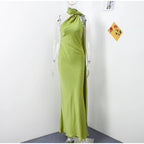 Elegant Ribbon Halter Dress Women Solid Off Shoulder Sleeveless Backless Slim Maxi Dresses 2026 Summer Autumn Party Robes Lady