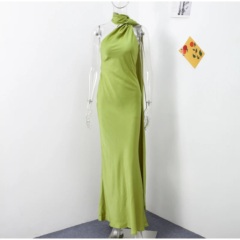 Elegant Ribbon Halter Dress Women Solid Off Shoulder Sleeveless Backless Slim Maxi Dresses 2026 Summer Autumn Party Robes Lady