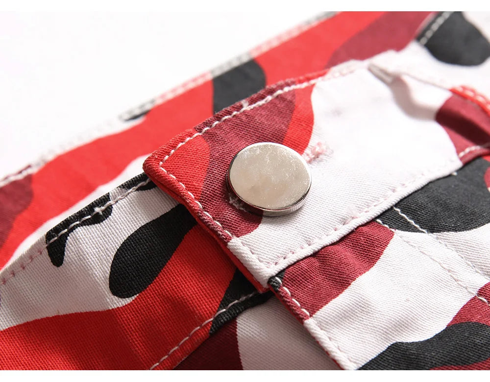 Men Red Camouflage Print Jeans Casual Slim Straight Pants Contrast Color Streetwear Trousers
