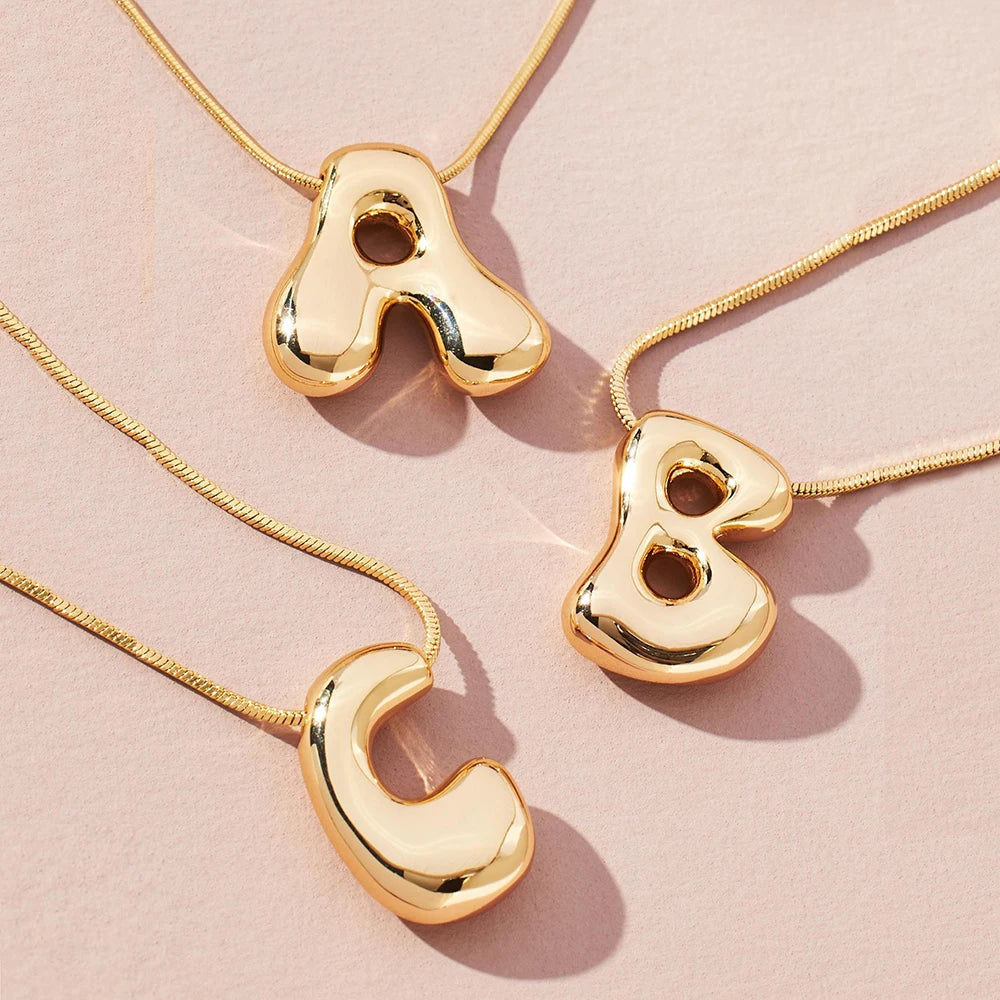 Golden Color Stainless Steel Initial Necklace for Women Girls Chunky Bubble Letter Pendant Necklaces Trendy Collar Jewelry Gift Main image