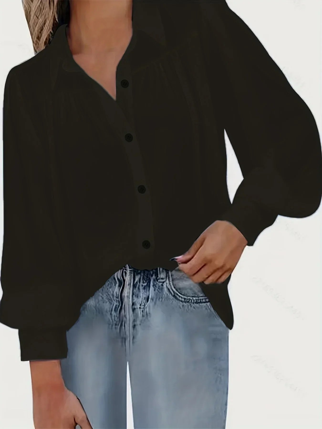 Women Fashion Plus Size 1XL-5XL Basic Blouse Ladoes Solid Button Up Lantern Sleeve Turn Down Collar Blouse Shirt