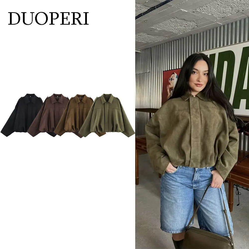 DUOPERI Women 2025 New Solid Bomber Jackets Lapel Neck Long Sleeves Female Elegance Chic Casual Jacket Tops Main image