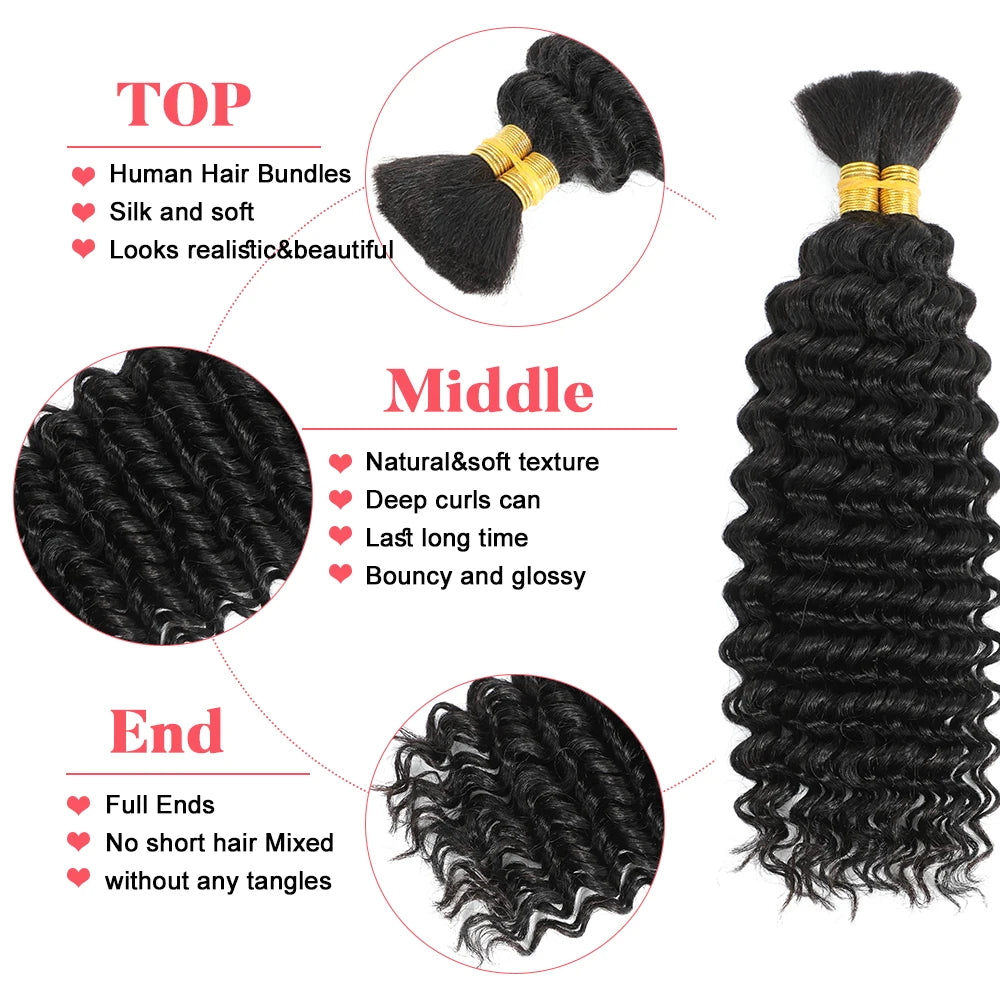Human Hair Bulk For Braiding 2 Bundles Deep Wave Human Hair Extensions Human Braiding Hair For Boho Braids Water Wave Curly Hair
