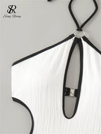 SINGREINY Hollow Out Halter Bikini Swimsuits Irregular Sheath Short Bodysuits Fashion Women Backless Beach Style Sexy Playsuits