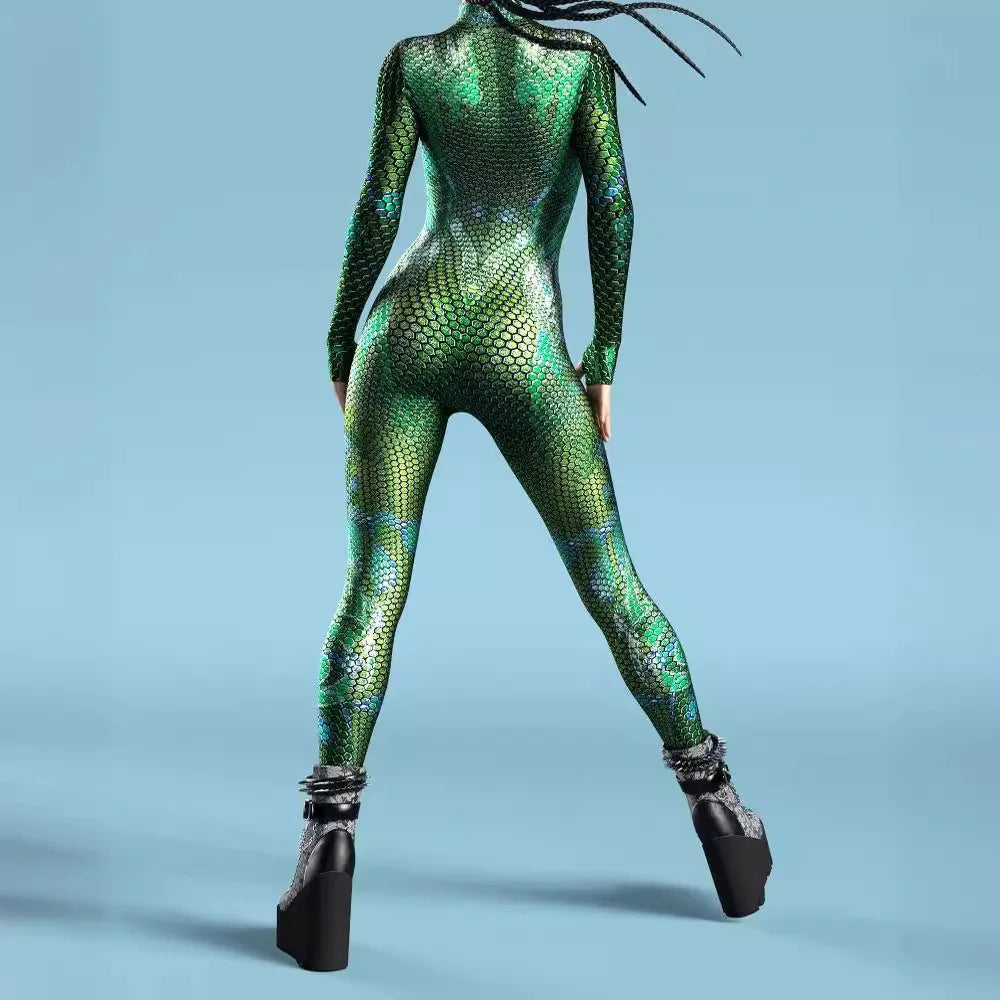 Women's Stylish Green Snake Print BodySuit New Halloween Adult Cosplay Jumpsuit Colorful 3D Printing Carnival Party Rave Outfits Secondary image