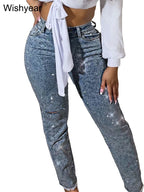 Fashion Skinny Stretch Jeans for Women Luxury Diamonds Hole Pencil Pants High Waist Washed Streetwear Y2k Streetwear Trousers