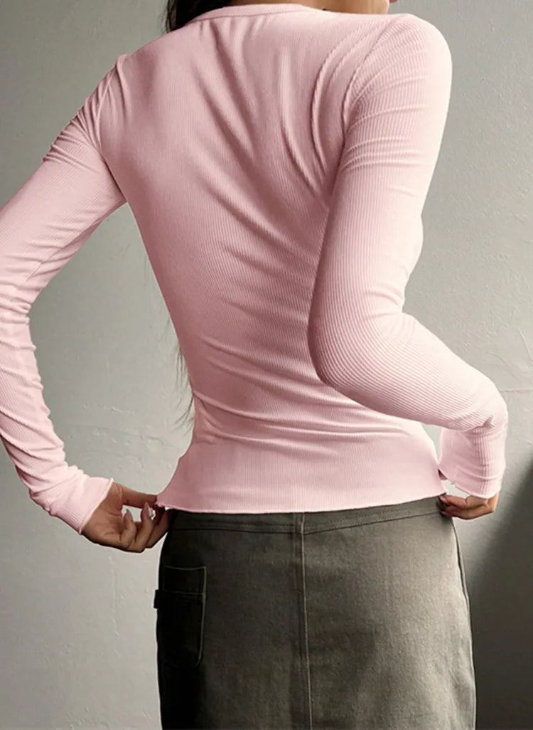 Women Fall Spring Top O Neck Button Long Sleeve Shirts Solid Color Slim Fit Pullover T-shirt Blouse Simple Style Lady Costume