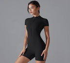 European and American nude one-piece yoga suit with stand up collar, half zipper, short sleeved fitness jumpsuit, tight fitting