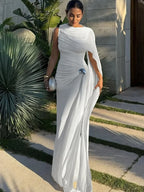 Kliou Ruched Elegant Gown Dress Woman o-Neck Sleeveless Ribbon Decoration Metal Trim High Waist Midnight Prom Party Long Bodycon
