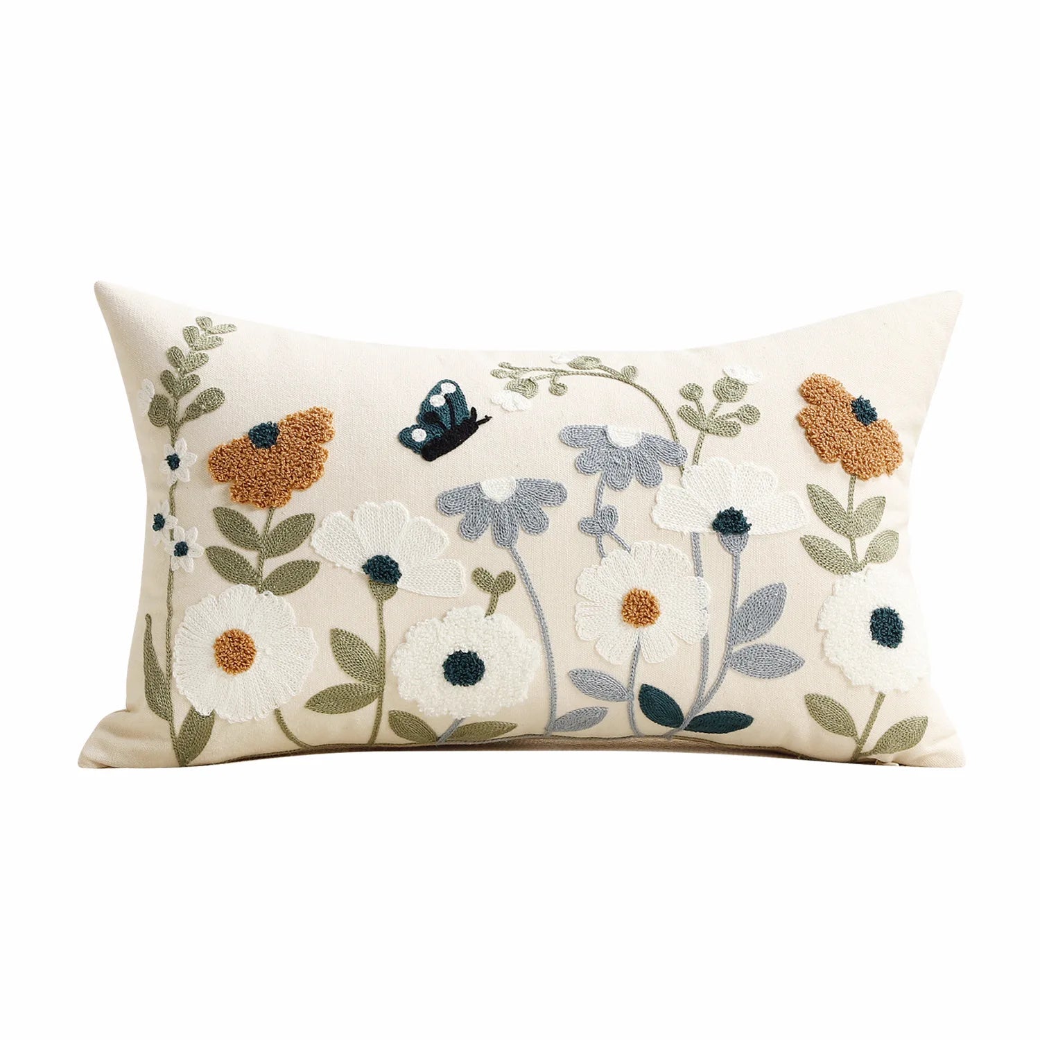 Spring Summer Floral Embroidered Decorative Throw Pillow Covers 12x20 Inch Farmhouse Beige Flowers Boho Cushion Case for Bedroom