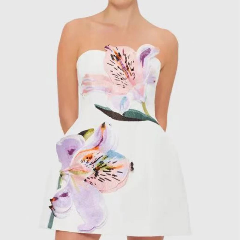 Flower Print Strapless Slim Fit Party Dress Sexy Strapless Design Women's A-line Dresses Summer Backless Bridesmaid Short Dress