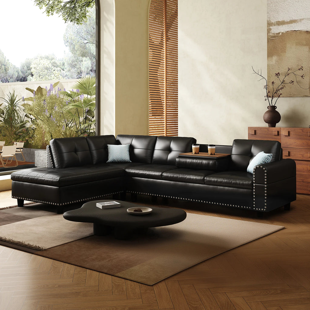 97.5" Faux Leather Sectional Sofa with Chaise Lounge, 2 Cup Holders & Pillows, 6-Seater Upholstered Tufting Corner,Stylish and C