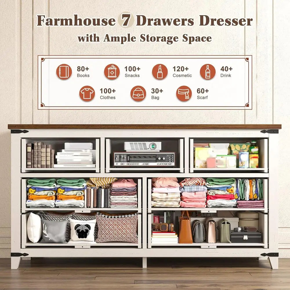 Drer or Bedroom with 7 Ders White Drer with Smooth Metal Rail TV Stand or Bedroom, Hallway, 15" D x 51.2" W x 31.5" H, Antique W