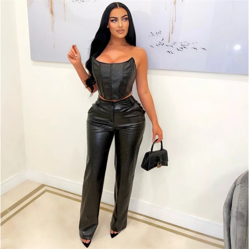 PU Faux Leather 2 Pieces Set for Woman Outfit Birthday Party Club Sleeveless Strapless Crop Top and Wide Leg Pants Matching Sets