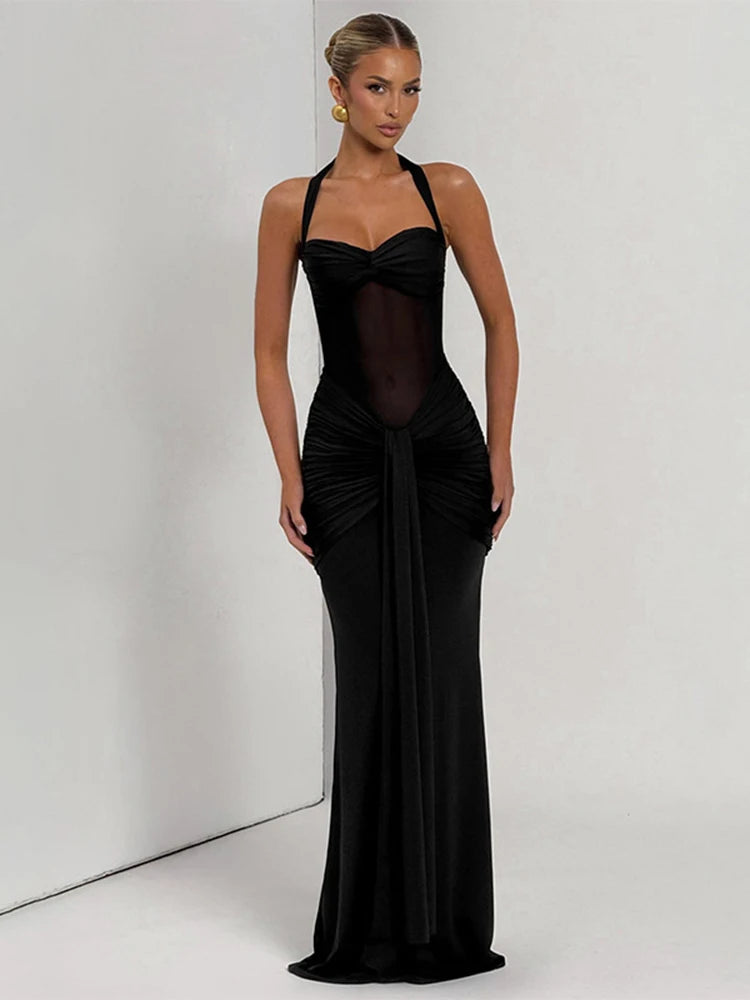 kliou Patchwork Elegant Women Maxi Dress Classic Sexy Sheer Ribbons Halter Backless Bodycon Female Trend Festival Evening Wear