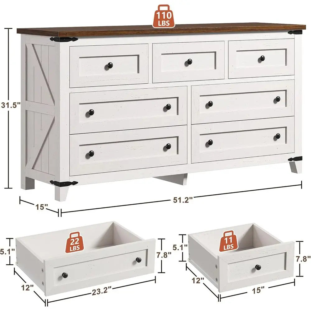 Drer or Bedroom with 7 Ders White Drer with Smooth Metal Rail TV Stand or Bedroom, Hallway, 15" D x 51.2" W x 31.5" H, Antique W