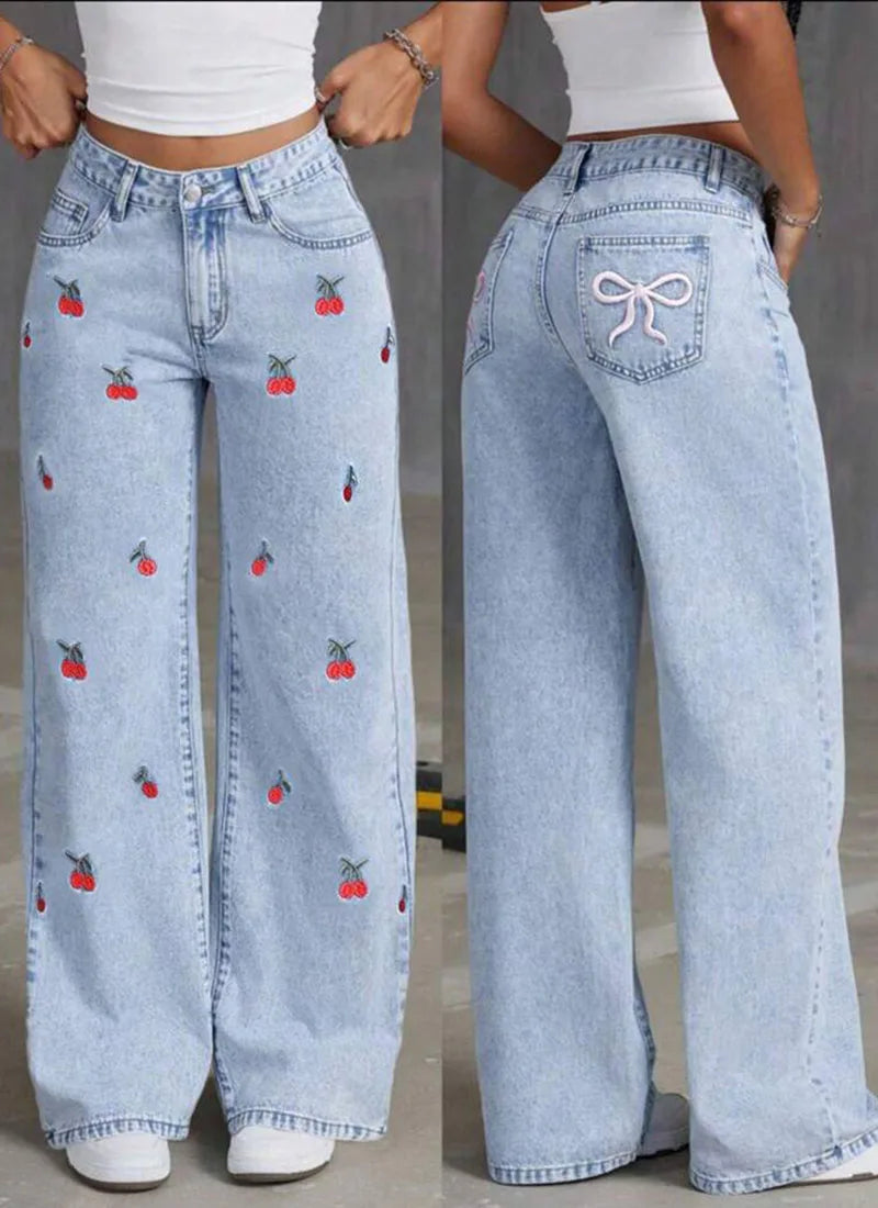Vintagestyle Women's Jeans Embroidered Fruits Loose Fitting Slim Design Wide Leg Floorlength Style Is Full Of Fashionable Charm Main image