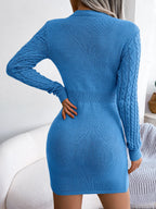 VigoCasey 2026 Blue Casual Short Knit Dress Autumn Winter Women Long Sleeve Dress Sexy Lady Solid Hollow Bodycon Knitted Dresses