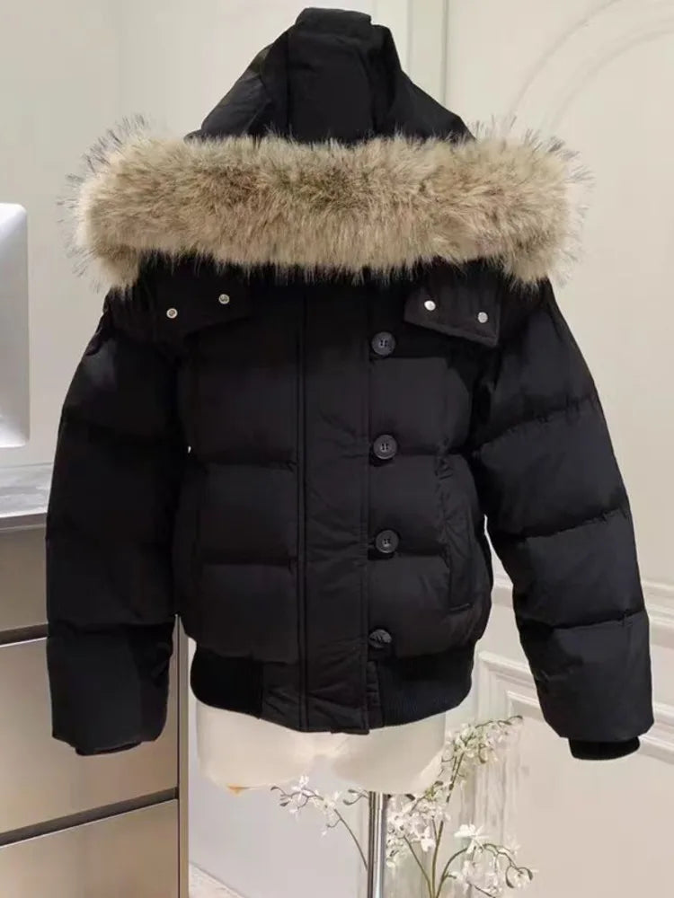 Autumn Winter Fur Hooded Jacket Women Outerwear Thick Dowon Cotton Padded Slim Short Parkas Female Cropped Puffer Bubble Coat Main image